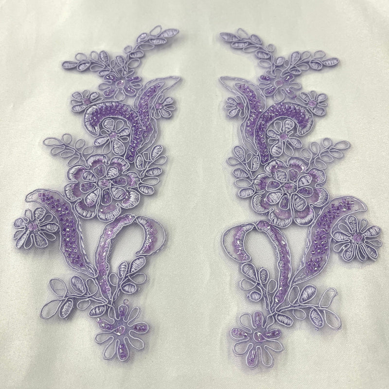 Beaded Corded Floral Lace Applique Polyester Fabric - Floral Embroidered, 9" X 2.5" Each Side (1 Pair)