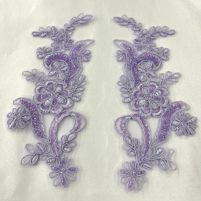 Beaded Corded Floral Lace Applique Polyester Fabric - Floral Embroidered, 9" X 2.5" Each Side (1 Pair)