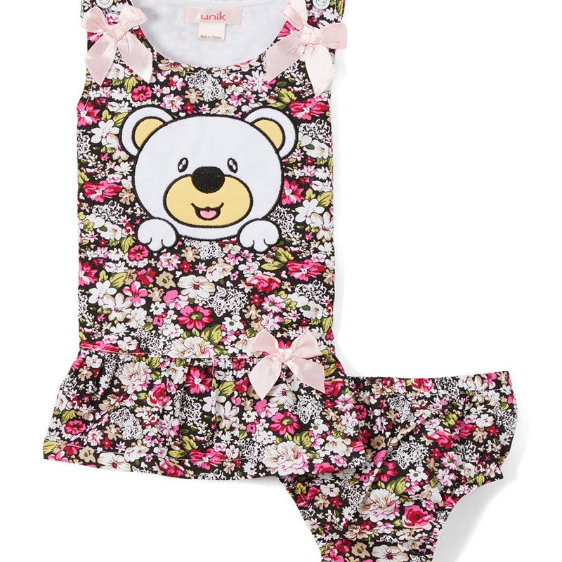 Bear Flower Cotton Baby Dress - Rose, Peony, Daisy, Floral Print (6M/9M, 12M, 18M, 24M)