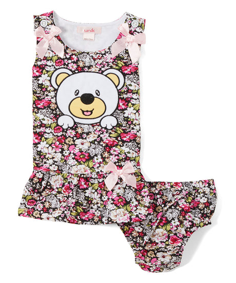 Bear Flower Cotton Baby Dress - Rose, Peony, Daisy, Floral Print (6M/9M, 12M, 18M, 24M)