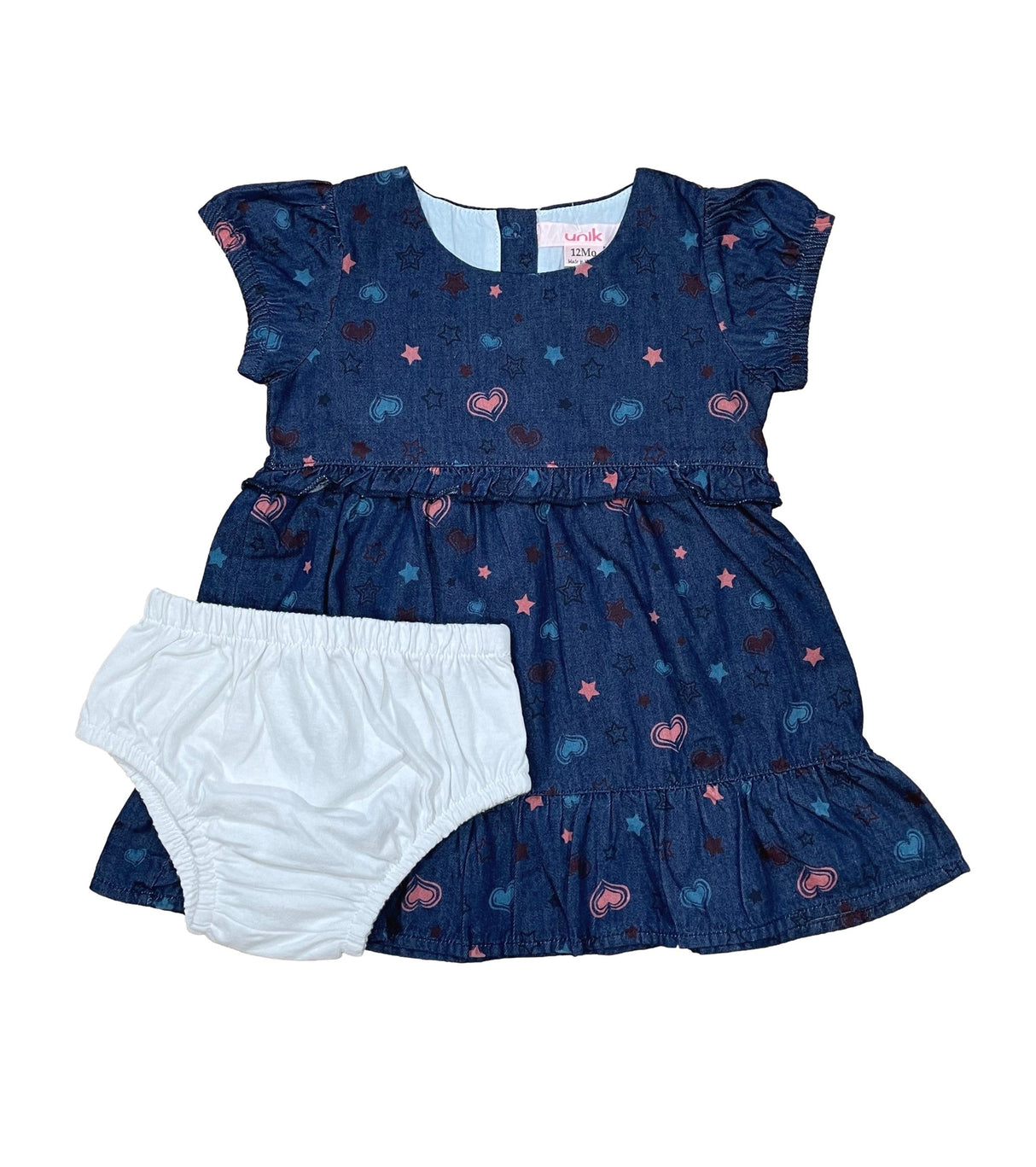 Baby Girl Denim Dress - 100 Percent Cotton Fabric, L. Chambray, Floral, Hearts & Stars, 6M/9M To 24M (1 Piece)