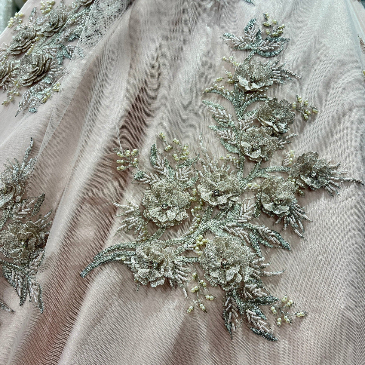 Beaded 3D Floral Lace Fabric Lt. Blush with Silver 54"