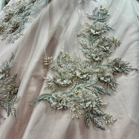 Beaded 3D Floral Lace Polyester Fabric - Lt. Blush With Silver, 54" Width (1 Yard)