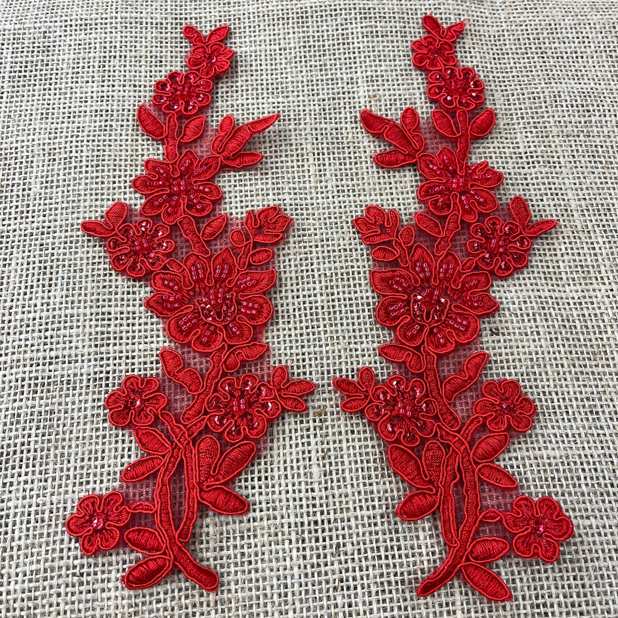Beaded & Corded Floral Lace Applique Embroidered On 100 Percent Polyester Net Mesh Fabric - Floral Applique, 10" X 2" Each Side (1 Pair)