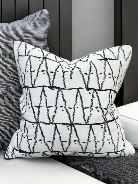 Viva015 White Velvet Pillow - Black Embroidered Abstract, Thick Border, 20" X 20" (1 Piece)