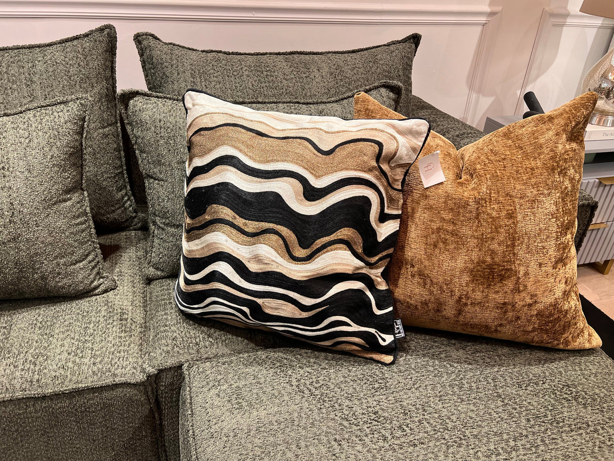 SEV005 Velvet Pillow - Black Velvet, Bronze, Black, Beige & Ivory Abstract Embroidery, 20" X 20" (1 Piece)