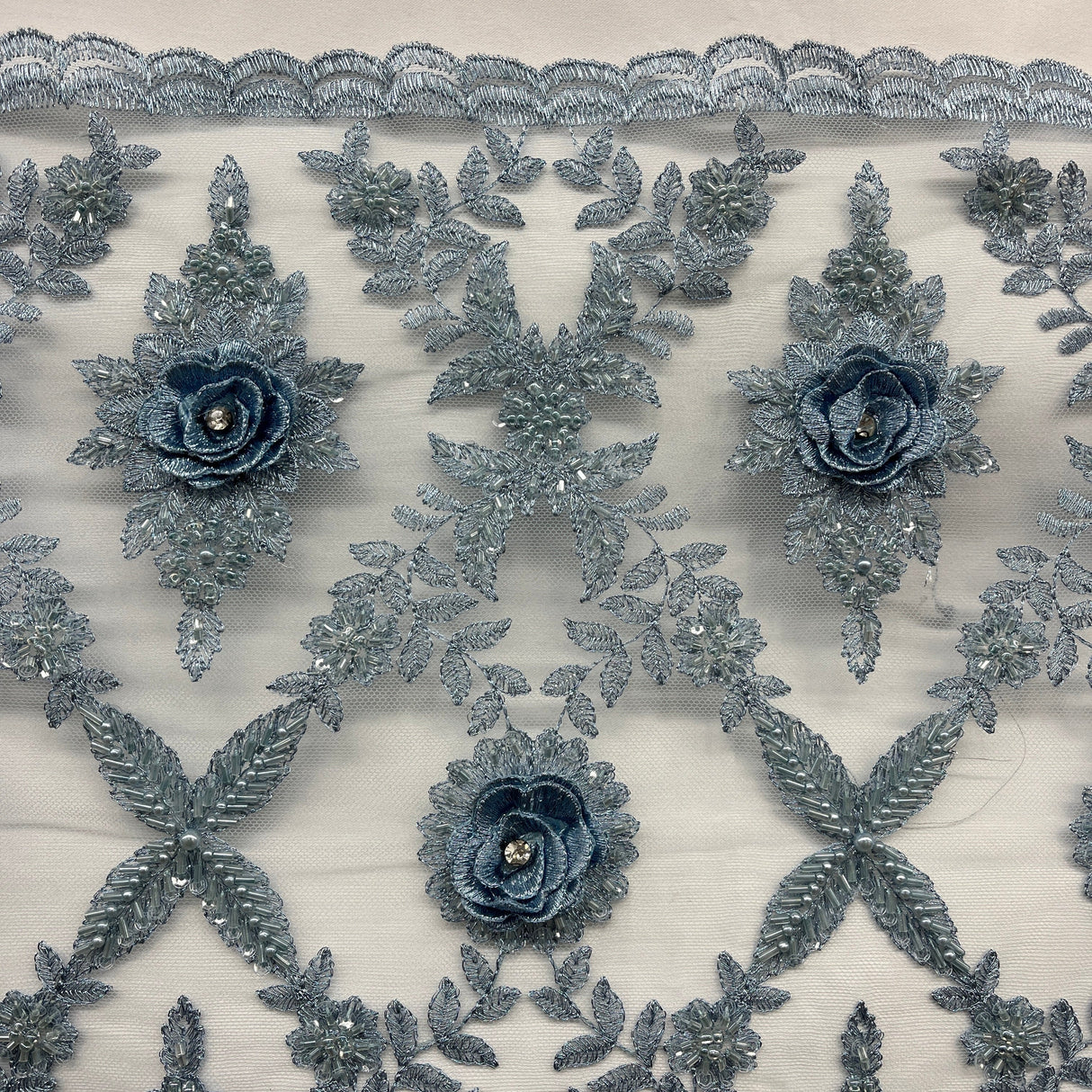Beaded 3D Floral Lace Fabric