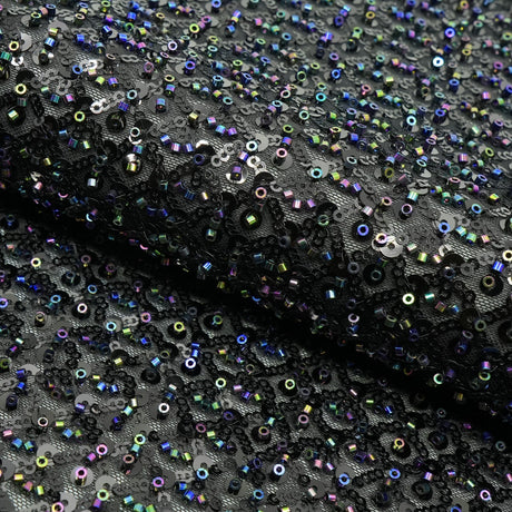 Prestige Beaded With Sequins Stretch Mesh Fabric - Black, White, 49/50" Width (1 Yard)
