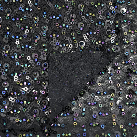 Prestige Beaded With Sequins Stretch Mesh Fabric - Black, White, 49/50" Width (1 Yard)