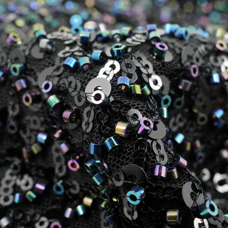 Prestige Beaded With Sequins Stretch Mesh Fabric - Black, White, 49/50" Width (1 Yard)