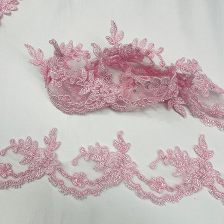 Beaded & Corded Lace Trimming Embroidered On 100% Polyester Net Mesh Fabric - Beaded, Corded, 3" Wide (1 Yard)