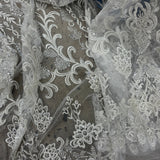 Beaded Lace Fabric Embroidered On 100 Percent Polyester Net Mesh - Off White, Antique Silver, White, 51" Wide (1 Yard)