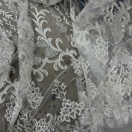 Beaded Lace Fabric on Polyester Net Mesh 51" Wide