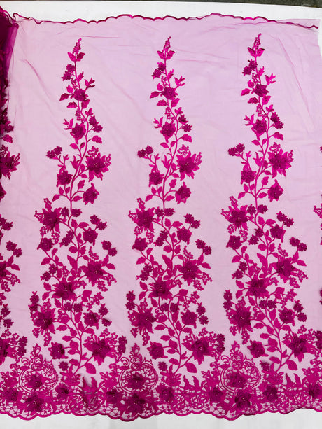 Princess 3D Floral Lace Polyester Fabric - Beaded Mesh Lace, 50" Width (1 Yard)