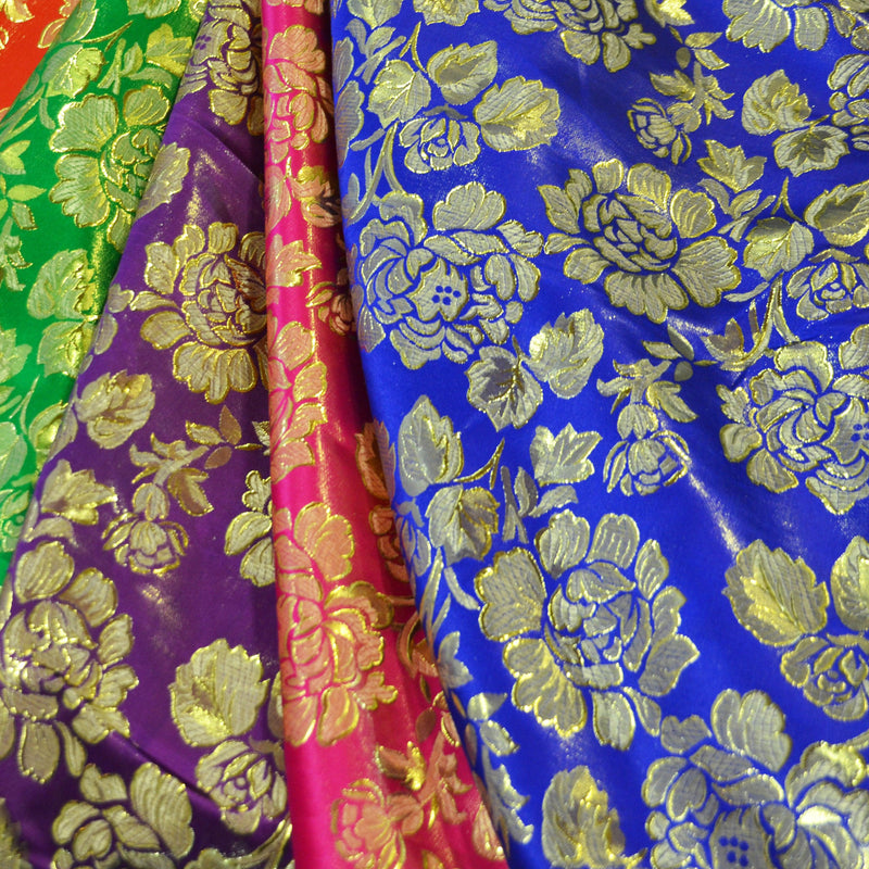 Oriental Metallic Big Flower Brocade Metallic Brocade Fabric - Fuchsia, Red, Flag Green, Royal, Purple, Floral Pattern, 58" Width (1 Yard)