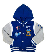 Adorable Varsity Boy Bear Jacket With Hood Polyester Fabric - Navy, Red, Teddy Bear Embroidery Patch, Button Closure (1 Piece)