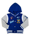 Adorable Varsity Boy Bear Jacket With Hood Polyester Fabric - Navy, Red, Teddy Bear Embroidery Patch, Button Closure (1 Piece)