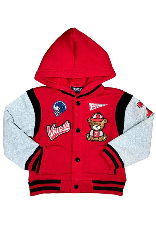 Adorable Varsity Boy Bear Jacket With Hood Polyester Fabric - Navy, Red, Teddy Bear Embroidery Patch, Button Closure (1 Piece)