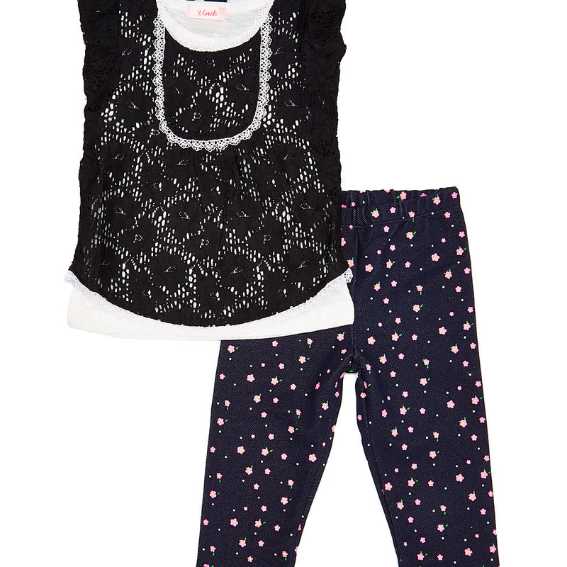 Girl Tunic Lace Legging Set - Denim Blouse With Printed Leggings, Black (2-7)