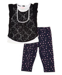 Girl Tunic Lace Legging Set - Denim Blouse With Printed Leggings, Black (2-7)