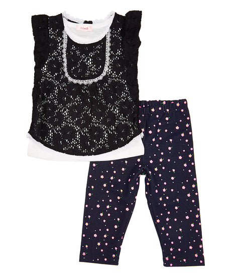 Girl Tunic Lace Legging Set - Denim Blouse With Printed Leggings, Black (2-7)