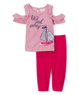 Sail Boat Girl Legging Set Cotton Fabric - Pink, Red, Blue Sail Boat Print (2-8)