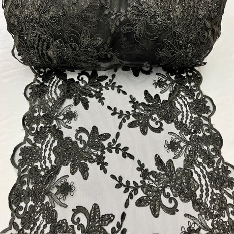 VT-18 Black Sequin Lace Fabric - Black Embroidered Mesh, Sequins, 3 Yard