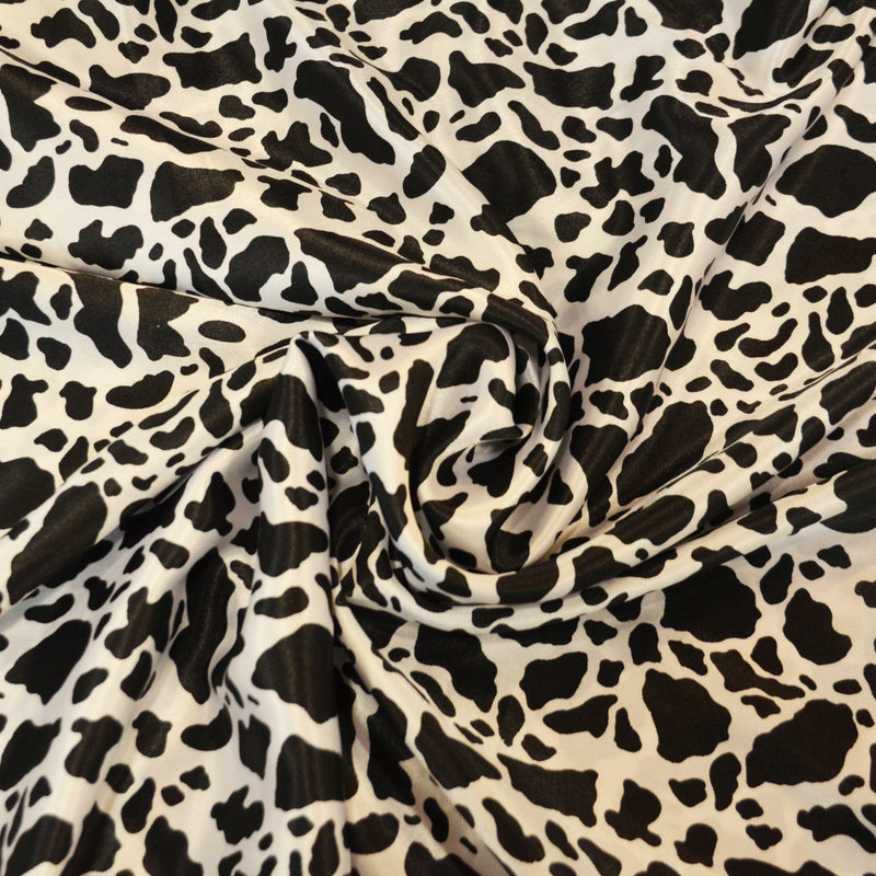 Black Calf Charmeuse Satin Fabric - Black Cow Print, 58/60" Width (1 Yard)
