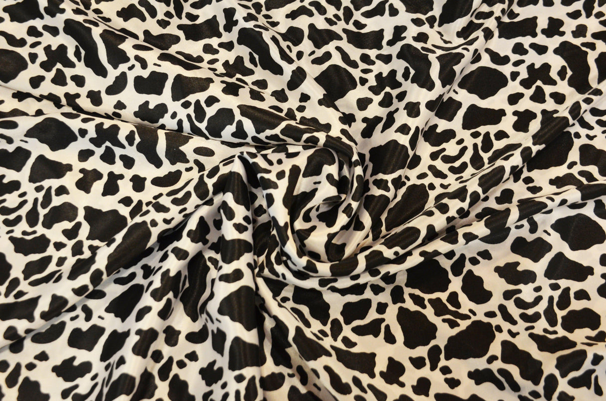 Black Calf Charmeuse Satin Fabric - Black Cow Print, 58/60" Width (1 Yard)