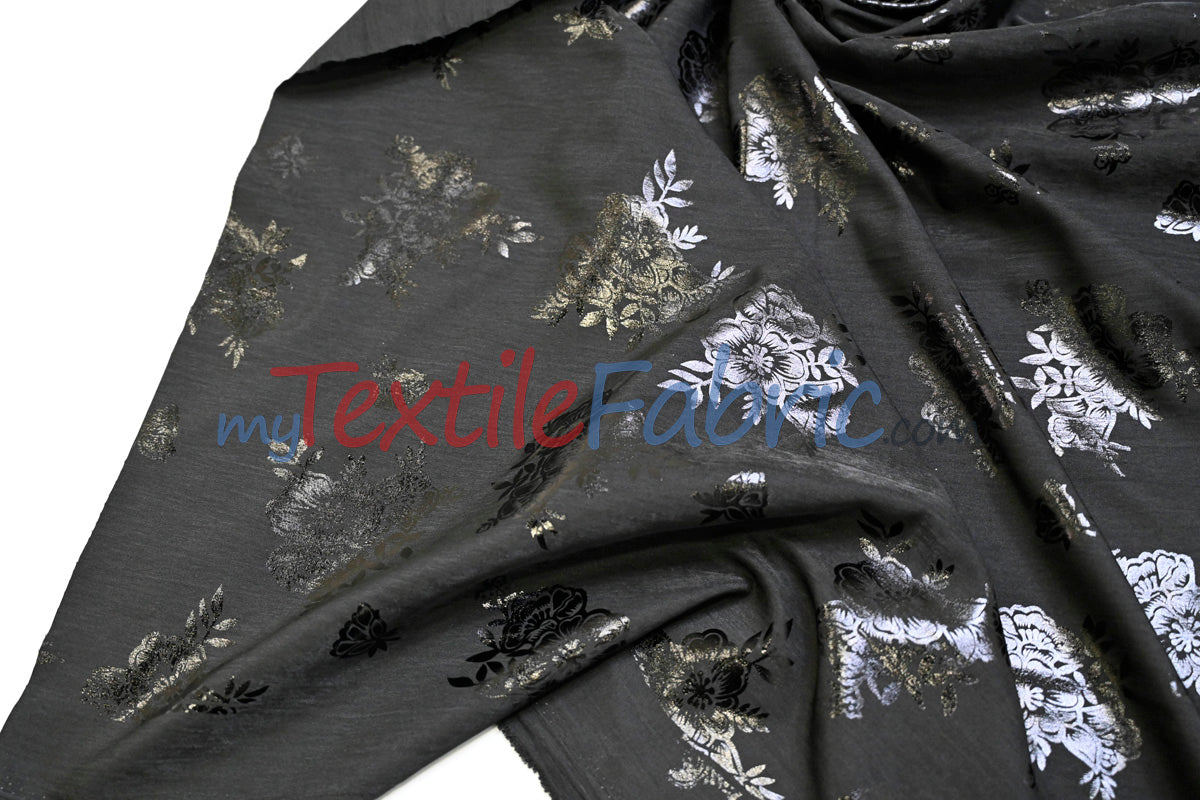 Floral Holographic Foil On Peachskin Polyester Fabric - Floral Holographic Foil, 60" Width (1 Yard)