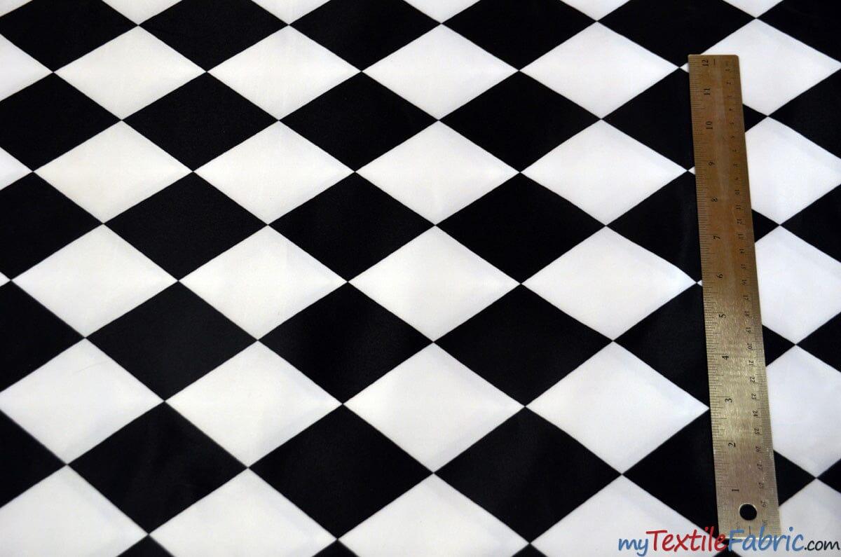 Harlequin Lamour Satin Polyester Fabric - Black White Harlequin Diamond Rhombus Print, 58/60" Width (Yards)