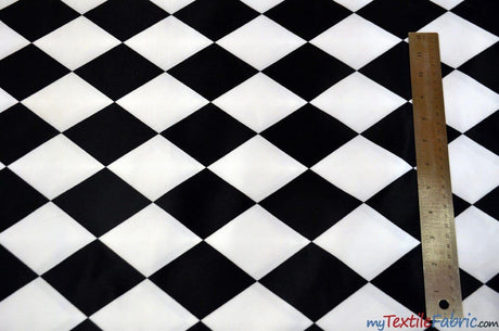 Harlequin Lamour Satin Polyester Fabric - Black White Harlequin Diamond Rhombus Print, 58/60" Width (Yards)