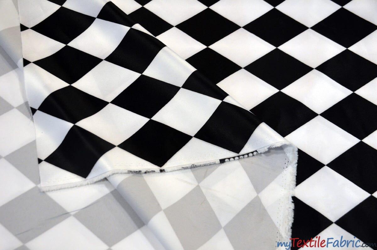 Harlequin Lamour Satin Polyester Fabric - Black White Harlequin Diamond Rhombus Print, 58/60" Width (Yards)