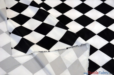 Harlequin Lamour Satin Polyester Fabric - Black White Harlequin Diamond Rhombus Print, 58/60" Width (Yards)