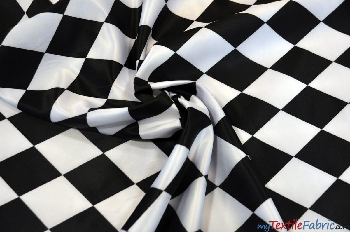 Harlequin Lamour Satin Polyester Fabric - Black White Harlequin Diamond Rhombus Print, 58/60" Width (Yards)