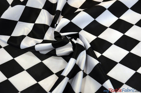 Harlequin Lamour Satin Polyester Fabric - Black White Harlequin Diamond Rhombus Print, 58/60" Width (Yards)
