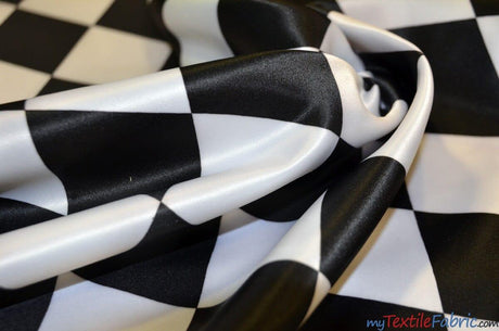 Harlequin Lamour Satin Polyester Fabric - Black White Harlequin Diamond Rhombus Print, 58/60" Width (Yards)