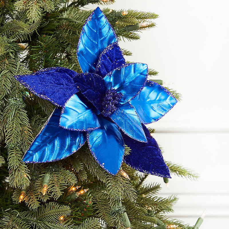 Royal Blue Velvet Poinsettia Stem 22 Inch Christmas Floral Decor