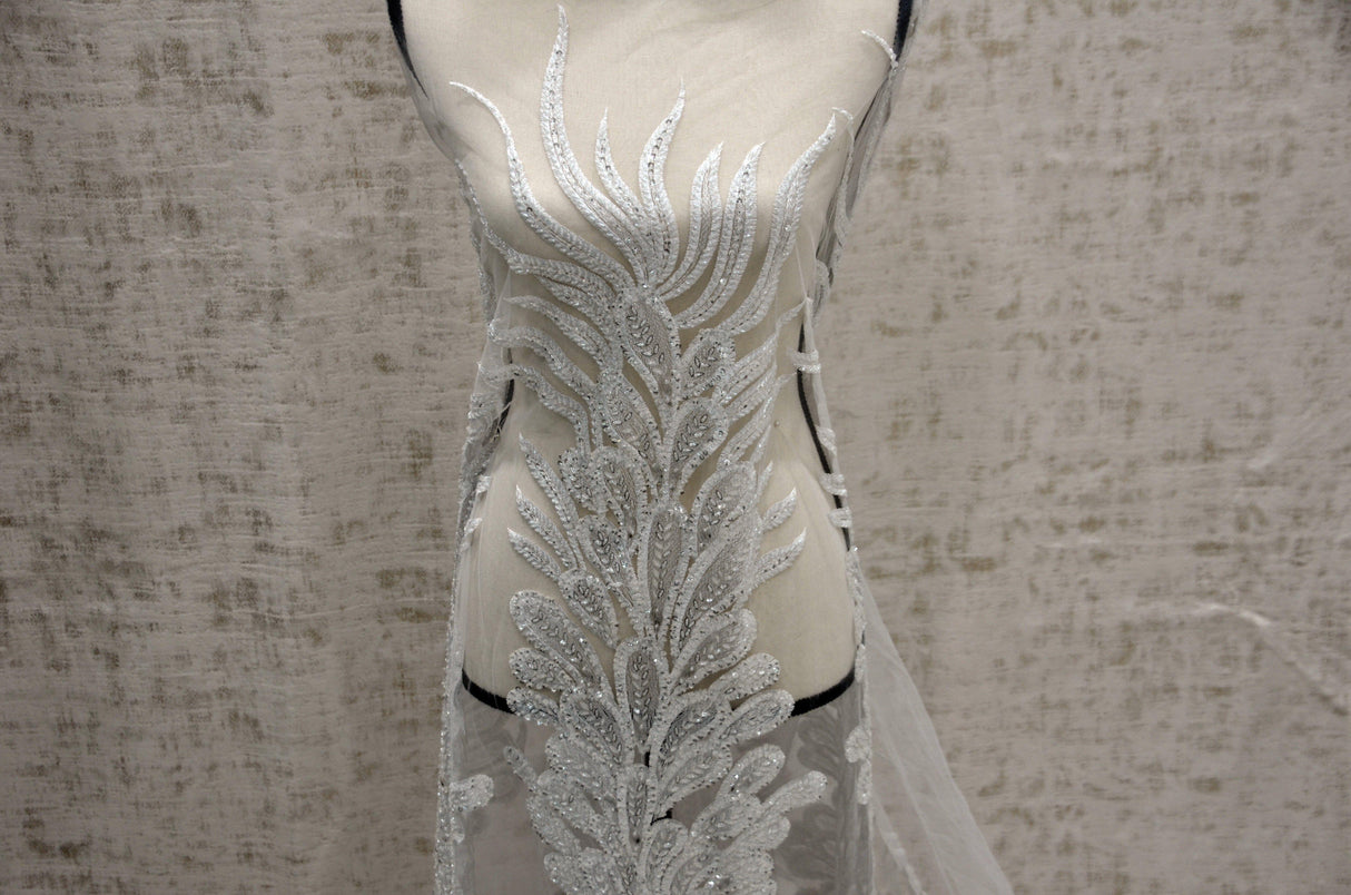 E15170 Polyester Lace Fabric - White Beaded Bridal Embroidery, 50/51" Width (3 Vertical Panels Approx 32-35")