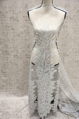 E15170 Polyester Lace Fabric - White Beaded Bridal Embroidery, 50/51" Width (3 Vertical Panels Approx 32-35")