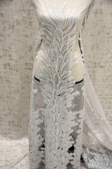 E15170 Polyester Lace Fabric - White Beaded Bridal Embroidery, 50/51" Width (3 Vertical Panels Approx 32-35")