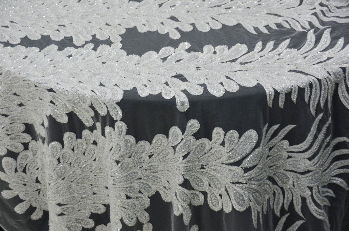 E15170 Polyester Lace Fabric - White Beaded Bridal Embroidery, 50/51" Width (3 Vertical Panels Approx 32-35")