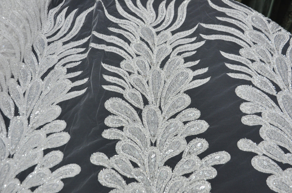 E15170 Polyester Lace Fabric - White Beaded Bridal Embroidery, 50/51" Width (3 Vertical Panels Approx 32-35")