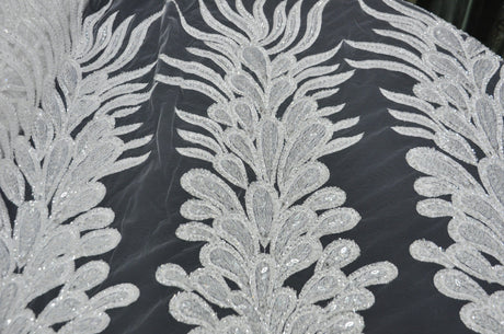E15170 Polyester Lace Fabric - White Beaded Bridal Embroidery, 50/51" Width (3 Vertical Panels Approx 32-35")