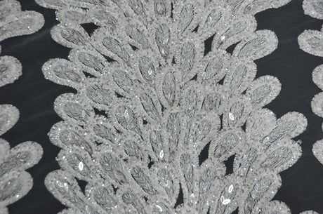 E15170 Polyester Lace Fabric - White Beaded Bridal Embroidery, 50/51" Width (3 Vertical Panels Approx 32-35")