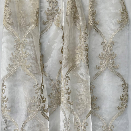 Broadway Fabric - Metallic Damask Sheer Fabric, Brass, 110" Width (1 Yard)