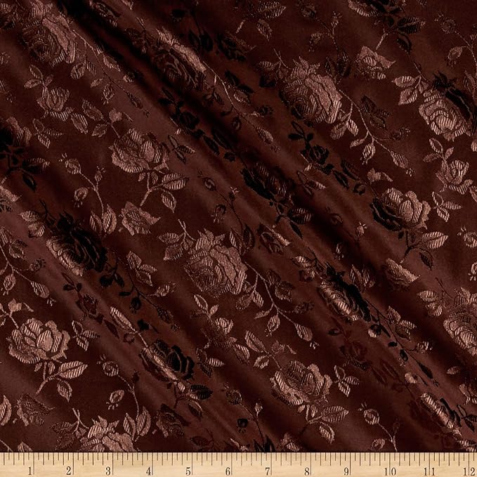Brown Rose Floral Jacquard Satin Fabric - Brown Rose Floral Jacquard, 60" Width
