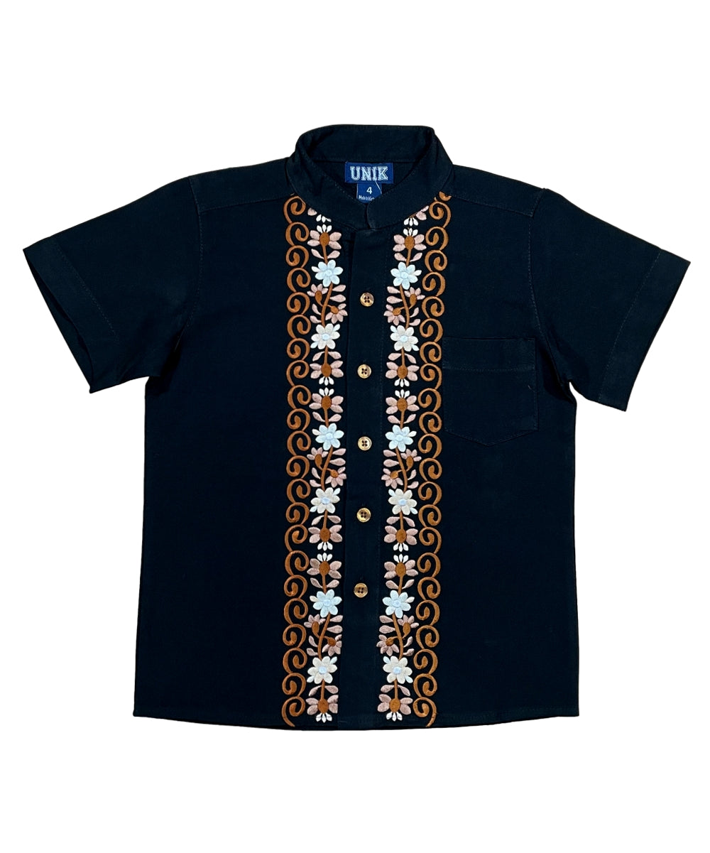 Boys Black Floral Guayabera Cotton Polyester Shirt - Black Floral, Short Sleeve, Embroidered Details, 4-14 (1 Piece)