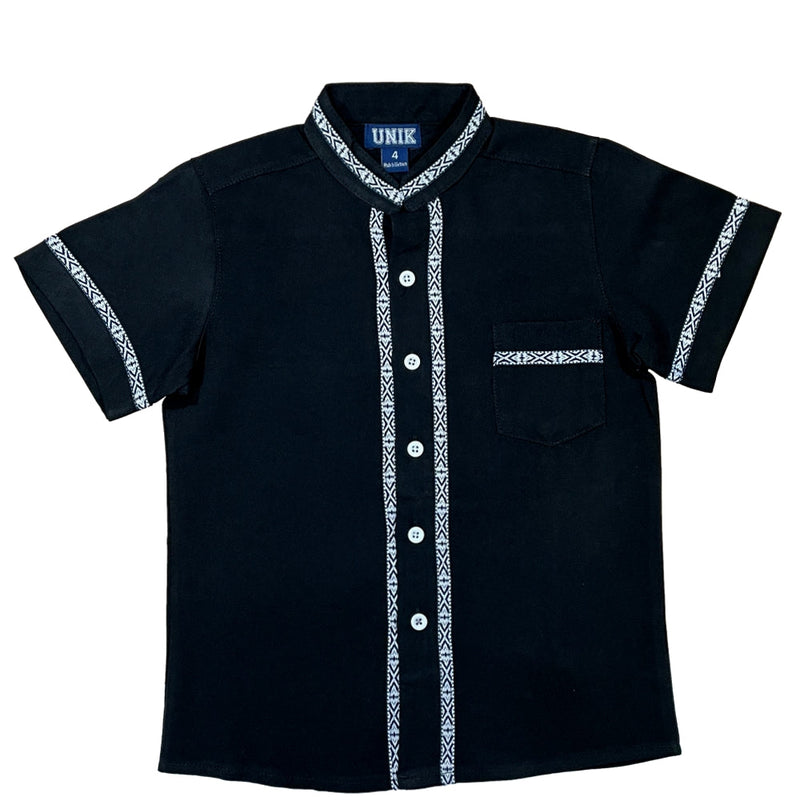 Boys Black Trim Guayabera Cotton Polyester Fabric - Black Trim, Embroidered Details, Short Sleeve, 4-14 (1 Piece)