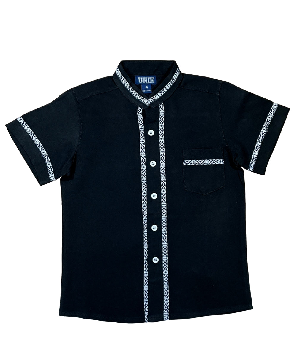 Boys Black Trim Guayabera Cotton Polyester Fabric - Black Trim, Embroidered Details, Short Sleeve, 4-14 (1 Piece)